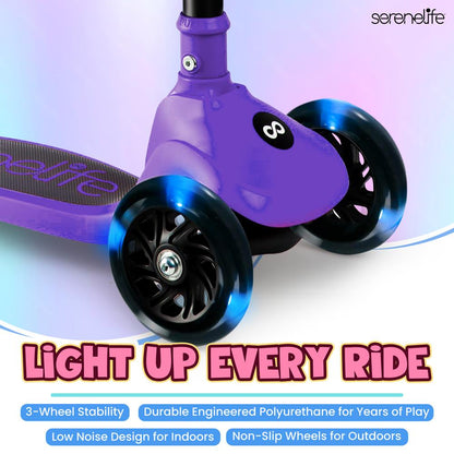 3-Wheel Kids Scooter, Foldable Seat, LED Wheels, Adjustable Handlebar, Purple