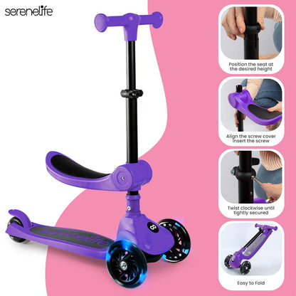 3-Wheel Kids Scooter, Foldable Seat, LED Wheels, Adjustable Handlebar, Purple
