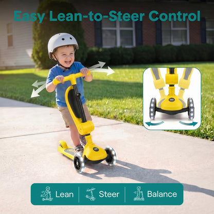 3-Wheel Kids Scooter, Foldable Seat, LED Wheels, Adjustable Handlebar, Yellow