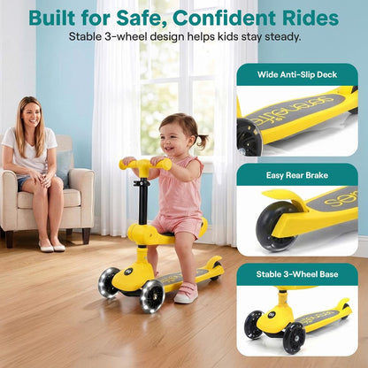 3-Wheel Kids Scooter, Foldable Seat, LED Wheels, Adjustable Handlebar, Yellow