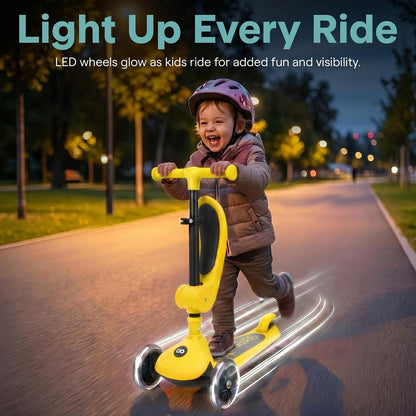3-Wheel Kids Scooter, Foldable Seat, LED Wheels, Adjustable Handlebar, Yellow