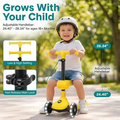 3-Wheel Foldable Kids Scooter - Child Toy Scooter With Built-In Led Wheel Lights, Foldable Seat, And Easy Maneuvering Lean-To-Steer Technology (Yellow)