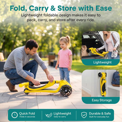 3-Wheel Kids Scooter, Foldable Seat, LED Wheels, Adjustable Handlebar, Yellow