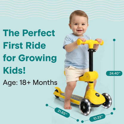 3-Wheel Foldable Kids Scooter - Child Toy Scooter With Built-In Led Wheel Lights, Foldable Seat, And Easy Maneuvering Lean-To-Steer Technology (Yellow)