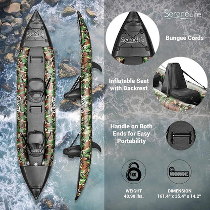 Inflatable 2-Person Kayak, Lightweight PVC, 660lb Capacity, Camo