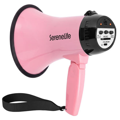 Serenelife 20W Rechargeable Megaphone With Mic, Music & Siren Modes, Usb-C Charging, Ergonomic Foldable Handle (Pink)