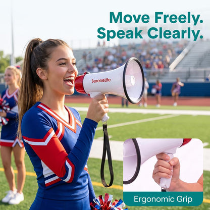 Serenelife 20W Rechargeable Megaphone With Mic, Music & Siren Modes, Usb-C Charging, Ergonomic Foldable Handle (Red)
