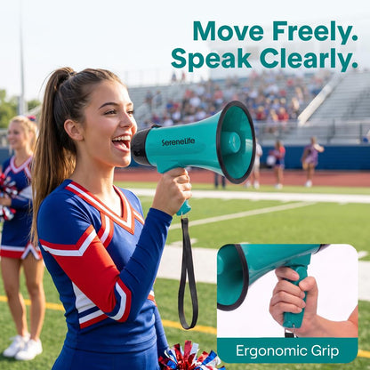 Serenelife 20W Rechargeable Megaphone With Mic, Music & Siren Modes, Usb-C Charging, Ergonomic Foldable Handle (Teal)