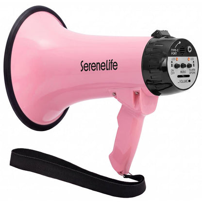 Serenelife 43W  Rechargeable Megaphone With External Mic, Built-In Music & Siren Modes, Aux, Usb-C Charging, Ergonomic Handle (Pink)