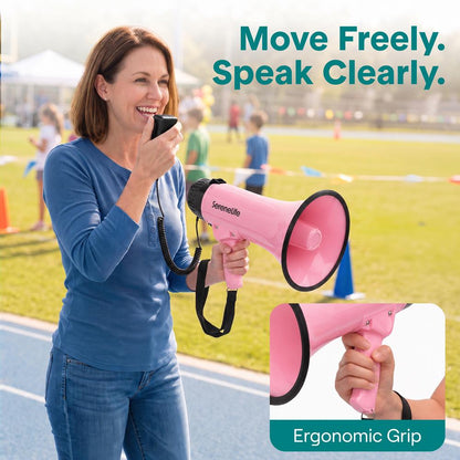 Serenelife 43W  Rechargeable Megaphone With External Mic, Built-In Music & Siren Modes, Aux, Usb-C Charging, Ergonomic Handle (Pink)