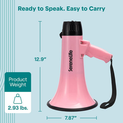 Serenelife 43W  Rechargeable Megaphone With External Mic, Built-In Music & Siren Modes, Aux, Usb-C Charging, Ergonomic Handle (Pink)
