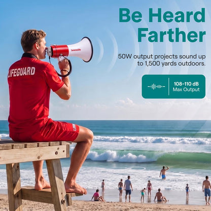 Serenelife 50W Rechargeable Megaphone With Wired Mic, Built-In Siren Modes, Aux, Usb-C Charging, Ergonomic Handle (Red)