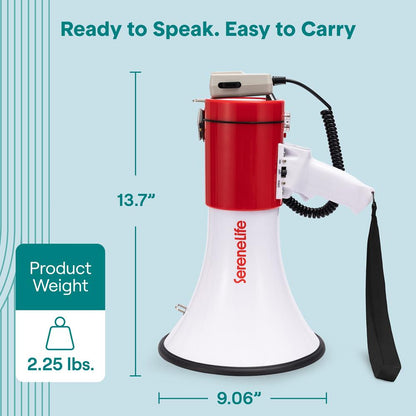 Serenelife 50W Rechargeable Megaphone With Wired Mic, Built-In Siren Modes, Aux, Usb-C Charging, Ergonomic Handle (Red)