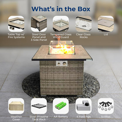 Outdoor Propane Fire Pit Table 50,000 BTU Wicker Tile Top Weatherproof