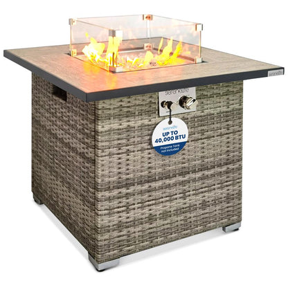 Outdoor Propane Fire Pit Table 50,000 BTU Wicker Tile Top Weatherproof