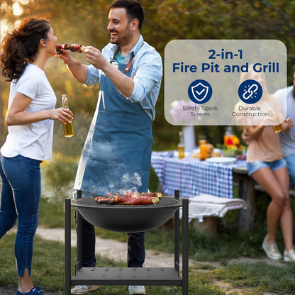 26" Outdoor Fire Pit with BBQ Grill, Heat-Resistant Steel, Wood Storage