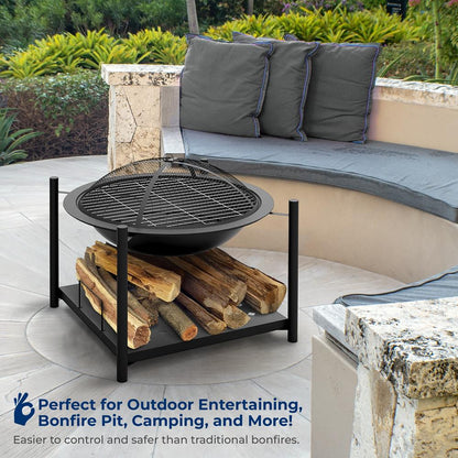 26" Outdoor Fire Pit with BBQ Grill, Heat-Resistant Steel, Wood Storage