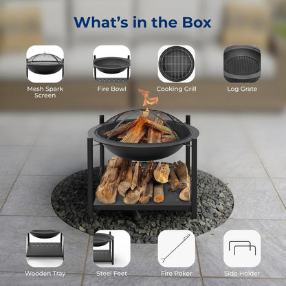 26" Outdoor Fire Pit with BBQ Grill, Heat-Resistant Steel, Wood Storage