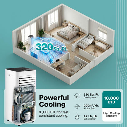 Portable Air Conditioner 10000 BTU Efficient Cooling Dehumidifier White