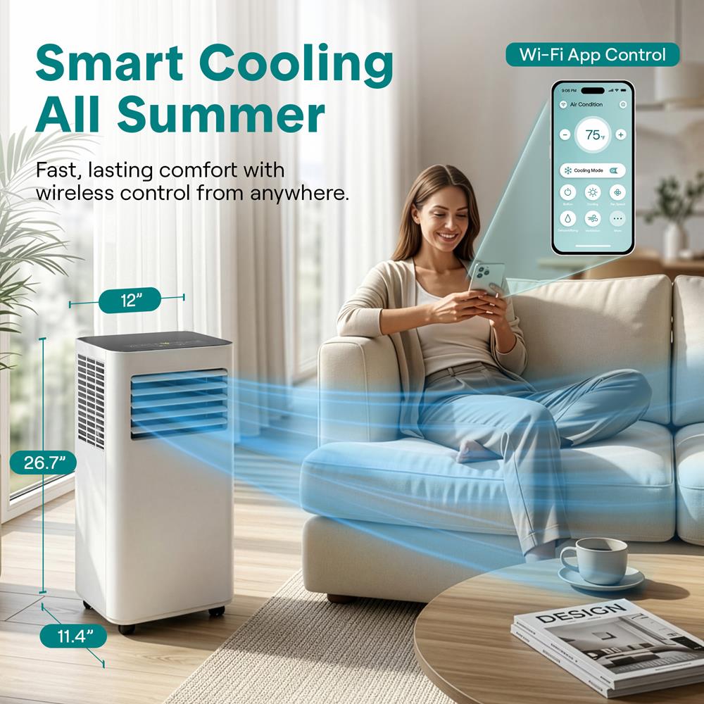 Portable Air Conditioner 8,000 BTU WiFi Dehumidifier, Remote, White - Thumbnail 2