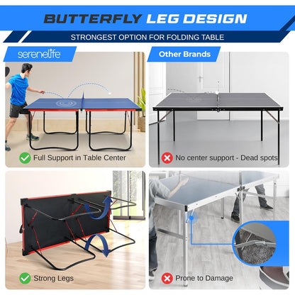 Portable Ping Pong Table Set, Space-Saving MDF, Blue, 6'x3' Foldable Design