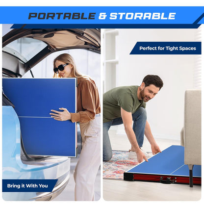 Portable Ping Pong Table Set, Space-Saving MDF, Blue, 6'x3' Foldable Design