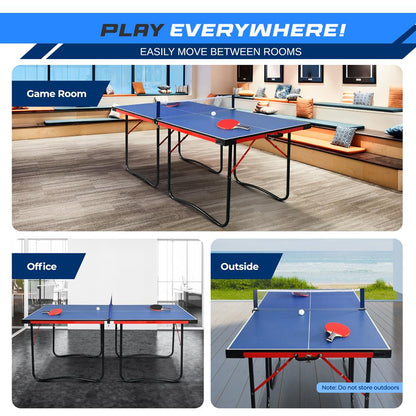 Portable Ping Pong Table Set, Space-Saving MDF, Blue, 6'x3' Foldable Design