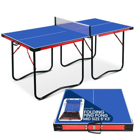 Portable Ping Pong Table Set, Space-Saving MDF, Blue, 6'x3' Foldable Design