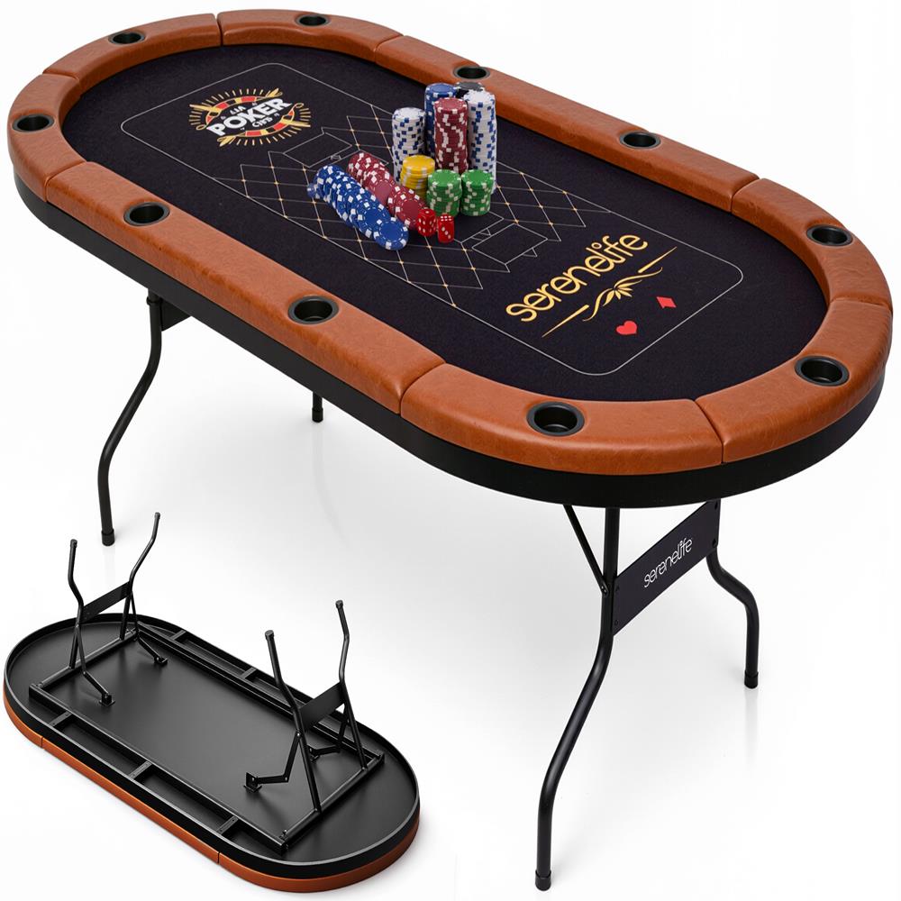 10-Player Foldable Poker Table, Water-Resistant Rail, Brown Felt