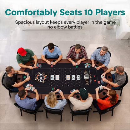 10-Player Foldable Poker Table, Water-Resistant Rail, Brown Felt Surface