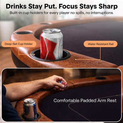 10-Player Foldable Poker Table, Water-Resistant Rail, Brown Felt Surface