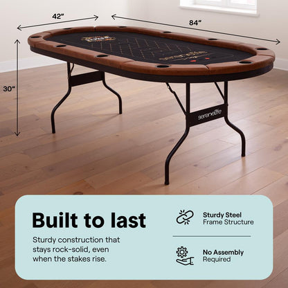 10-Player Foldable Poker Table, Water-Resistant Rail, Brown Felt Surface