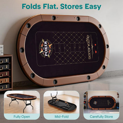 10-Player Foldable Poker Table, Water-Resistant Rail, Brown Felt Surface