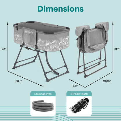 Portable Dog Bath Tub With Two Side Pockets And Built-In Drain System -  Includes Three-Point Leash Restraint (Gray + Black)