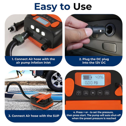 Electric Paddle Board Pump, Fast Inflation, Dual-Stage, Portable, LED Light