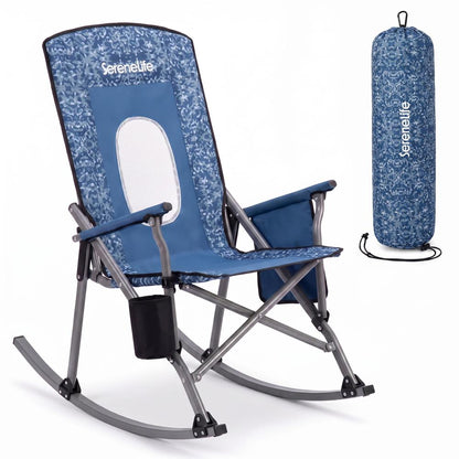 Serenelife High-Back Folding Rocking Chair With Cup Holder, Side Pocket & Carry Bag – Portable, Durable, And Comfortable For Outdoor Use (Blue Camouflage)