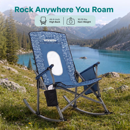 Serenelife High-Back Folding Rocking Chair With Cup Holder, Side Pocket & Carry Bag – Portable, Durable, And Comfortable For Outdoor Use (Blue Camouflage)