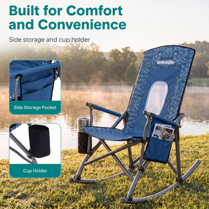 Serenelife High-Back Folding Rocking Chair With Cup Holder, Side Pocket & Carry Bag – Portable, Durable, And Comfortable For Outdoor Use (Blue Camouflage)