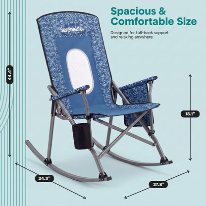 Serenelife High-Back Folding Rocking Chair With Cup Holder, Side Pocket & Carry Bag – Portable, Durable, And Comfortable For Outdoor Use (Blue Camouflage)