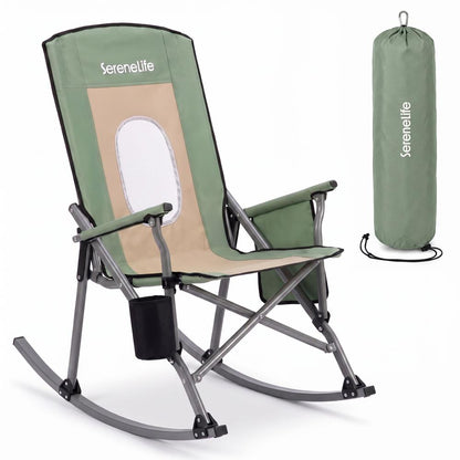 Serenelife High-Back Folding Rocking Chair With Cup Holder, Side Pocket & Carry Bag – Portable, Durable, And Comfortable For Outdoor Use (Green)