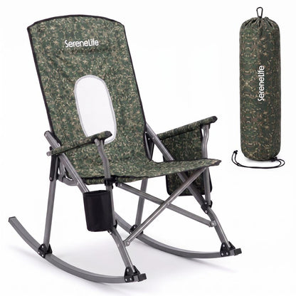 Serenelife High-Back Folding Rocking Chair With Cup Holder, Side Pocket & Carry Bag – Portable, Durable, And Comfortable For Outdoor Use (Green Camouflage)