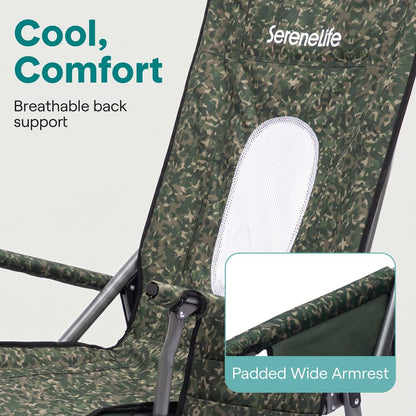 Serenelife High-Back Folding Rocking Chair With Cup Holder, Side Pocket & Carry Bag – Portable, Durable, And Comfortable For Outdoor Use (Green Camouflage)