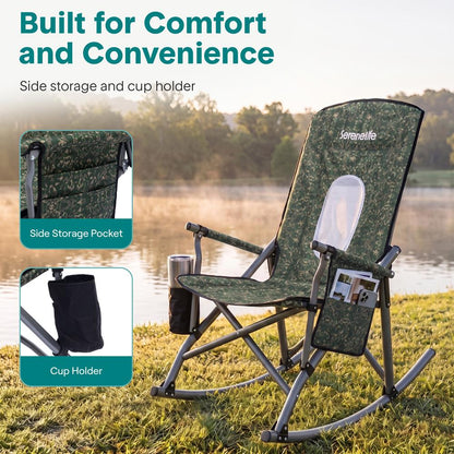 Serenelife High-Back Folding Rocking Chair With Cup Holder, Side Pocket & Carry Bag – Portable, Durable, And Comfortable For Outdoor Use (Green Camouflage)