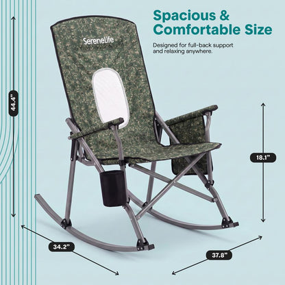 Serenelife High-Back Folding Rocking Chair With Cup Holder, Side Pocket & Carry Bag – Portable, Durable, And Comfortable For Outdoor Use (Green Camouflage)