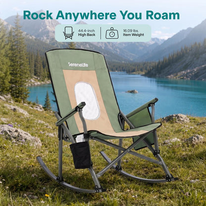 Serenelife High-Back Folding Rocking Chair With Cup Holder, Side Pocket & Carry Bag – Portable, Durable, And Comfortable For Outdoor Use (Green)