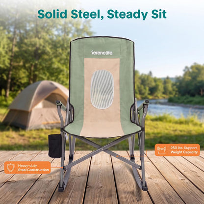 Serenelife High-Back Folding Rocking Chair With Cup Holder, Side Pocket & Carry Bag – Portable, Durable, And Comfortable For Outdoor Use (Green)