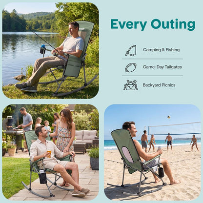 Serenelife High-Back Folding Rocking Chair With Cup Holder, Side Pocket & Carry Bag – Portable, Durable, And Comfortable For Outdoor Use (Green)