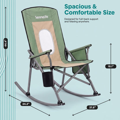Serenelife High-Back Folding Rocking Chair With Cup Holder, Side Pocket & Carry Bag – Portable, Durable, And Comfortable For Outdoor Use (Green)