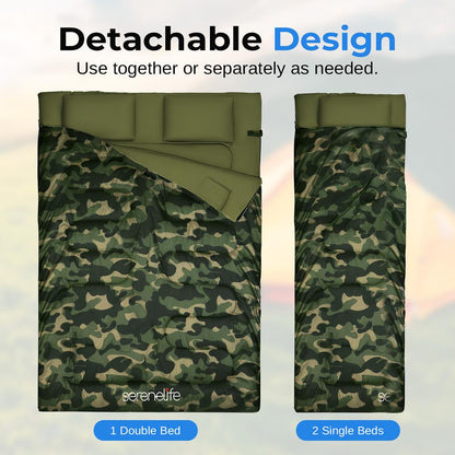 Double Sleeping Bag w/ 2 Pillows, Waterproof, Lightweight, Camouflage