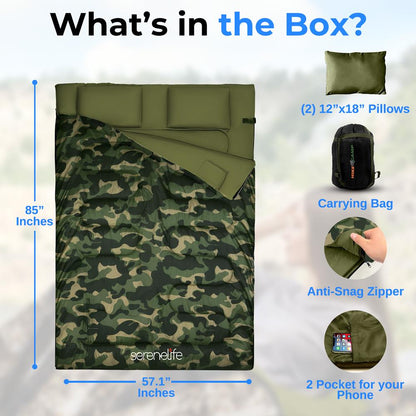 Double Sleeping Bag w/ 2 Pillows, Waterproof, Lightweight, Camouflage